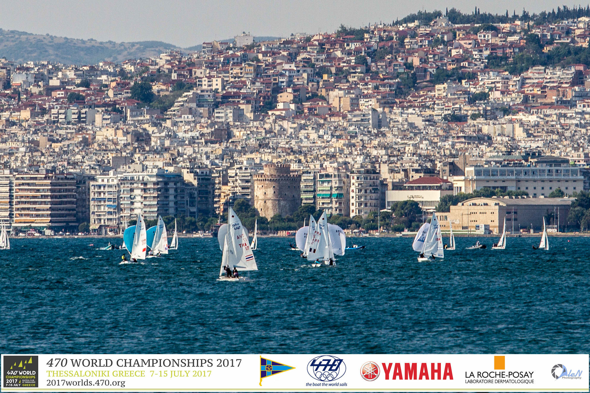 Racing at the 470 Worlds off the city of Thessaloniki